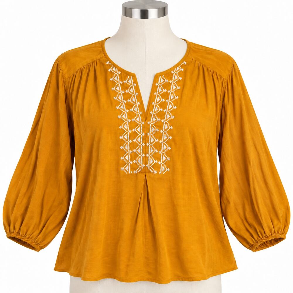 Dolan Anthropologie Mustard Embroidered Peasant Blouse Women's Medium M